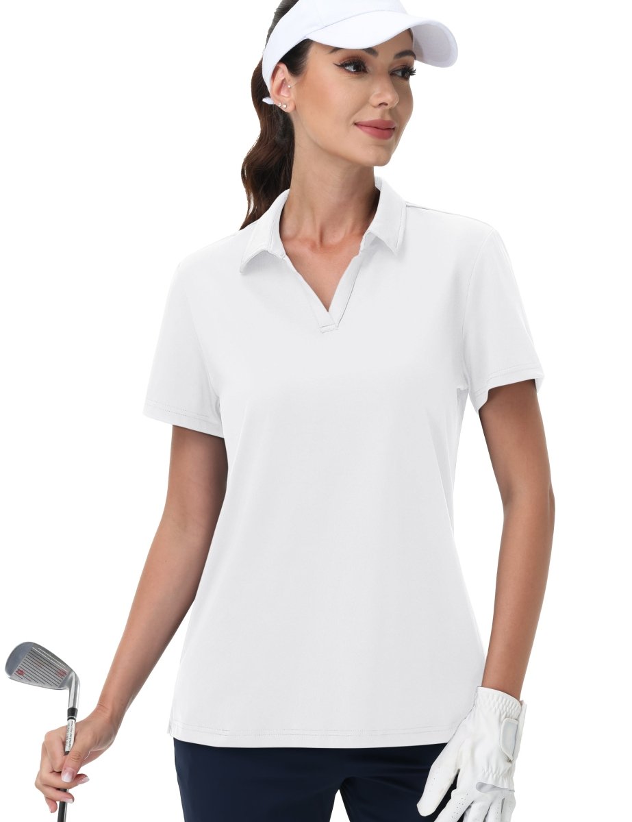 TACVASEN White Women's V-Neck UPF 50+ Quick Dry Golf Polos
