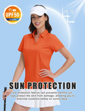 TACVASEN Deep Orange Women's V-Neck UPF 50+ Quick Dry Golf Polos