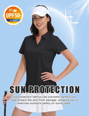 TACVASEN Black Women's V-Neck UPF 50+ Quick Dry Golf Polos