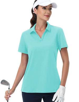 TACVASEN Light Lake Blue Women's V-Neck UPF 50+ Quick Dry Golf Polos