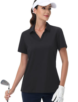 TACVASEN Black Women's V-Neck UPF 50+ Quick Dry Golf Polos