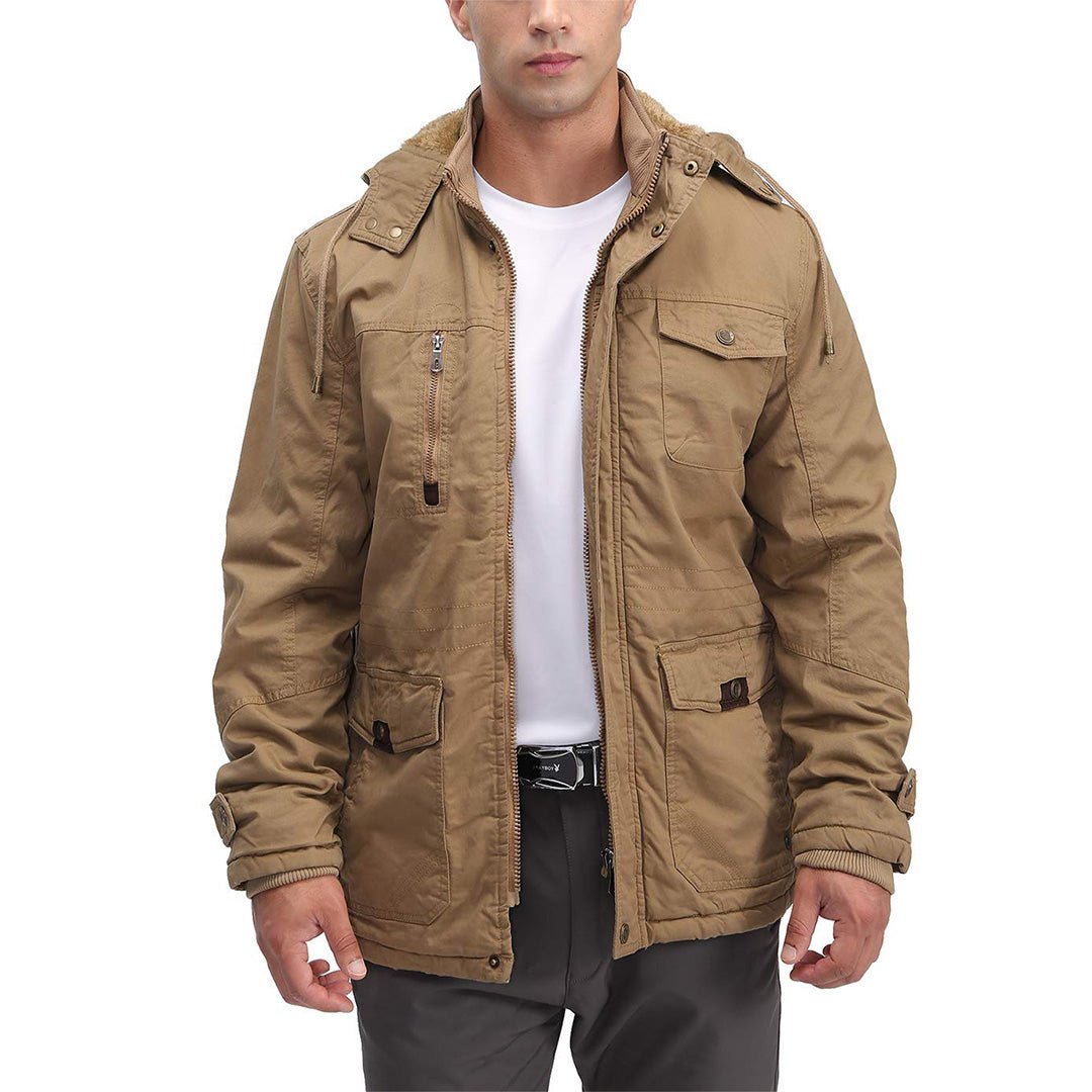TACVASEN Khaki Men's Winter Fleece Lined Cargo Jackets with Hood