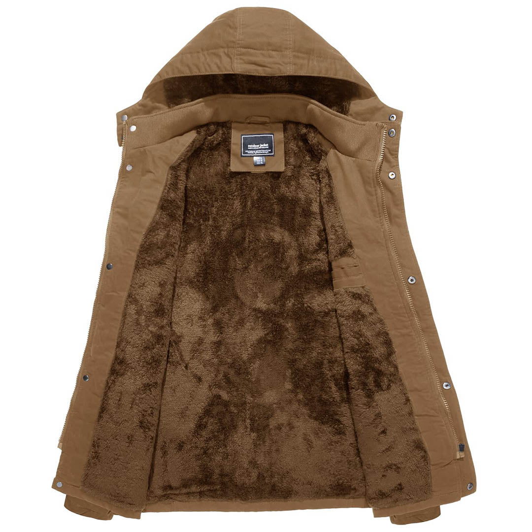TACVASEN Khaki Men??s Fleece Lined Cargo Jacket Warm Coat with Hood