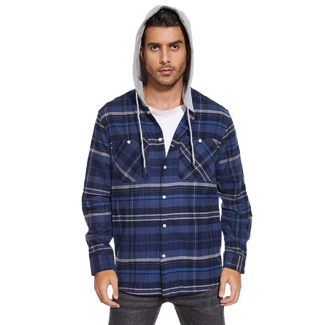 TACVASEN Blue White Men's Buffalo Plaid Hooded Casual Shirt Jacket