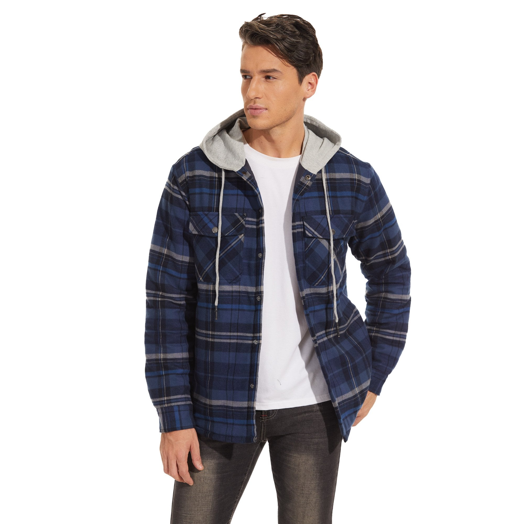 TACVASEN Blue Grey Men's Hooded Thick Plaid Flannel Long Sleeve Winter Cotton Coat with Pockets