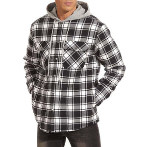 TACVASEN Black White Men's Hooded Thick Plaid Flannel Long Sleeve Winter Cotton Coat with Pockets
