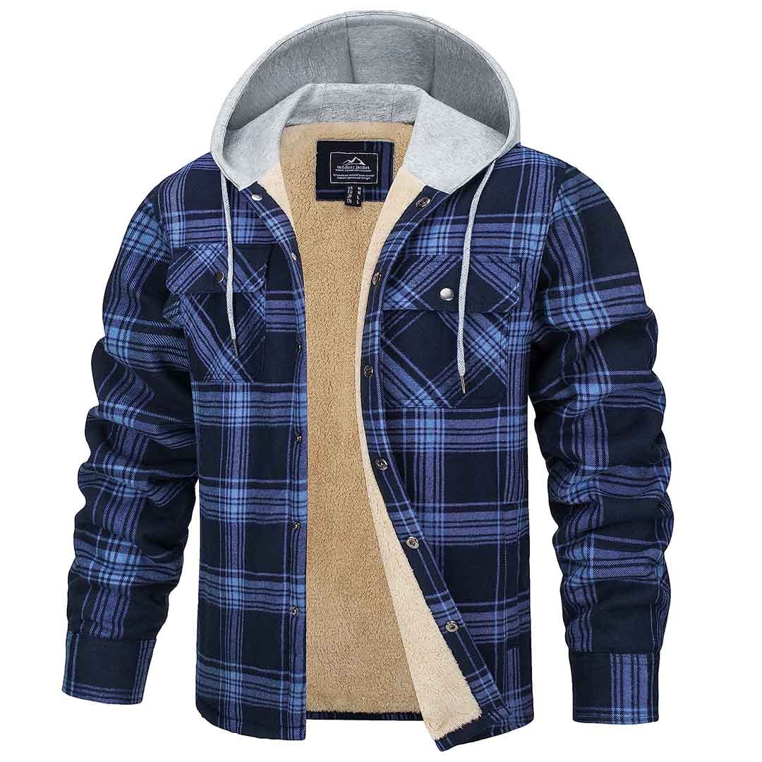 TACVASEN Navy Men's Multiple Pockets Flannel Plaid Shirts Fleece Lining Jacket with Hood