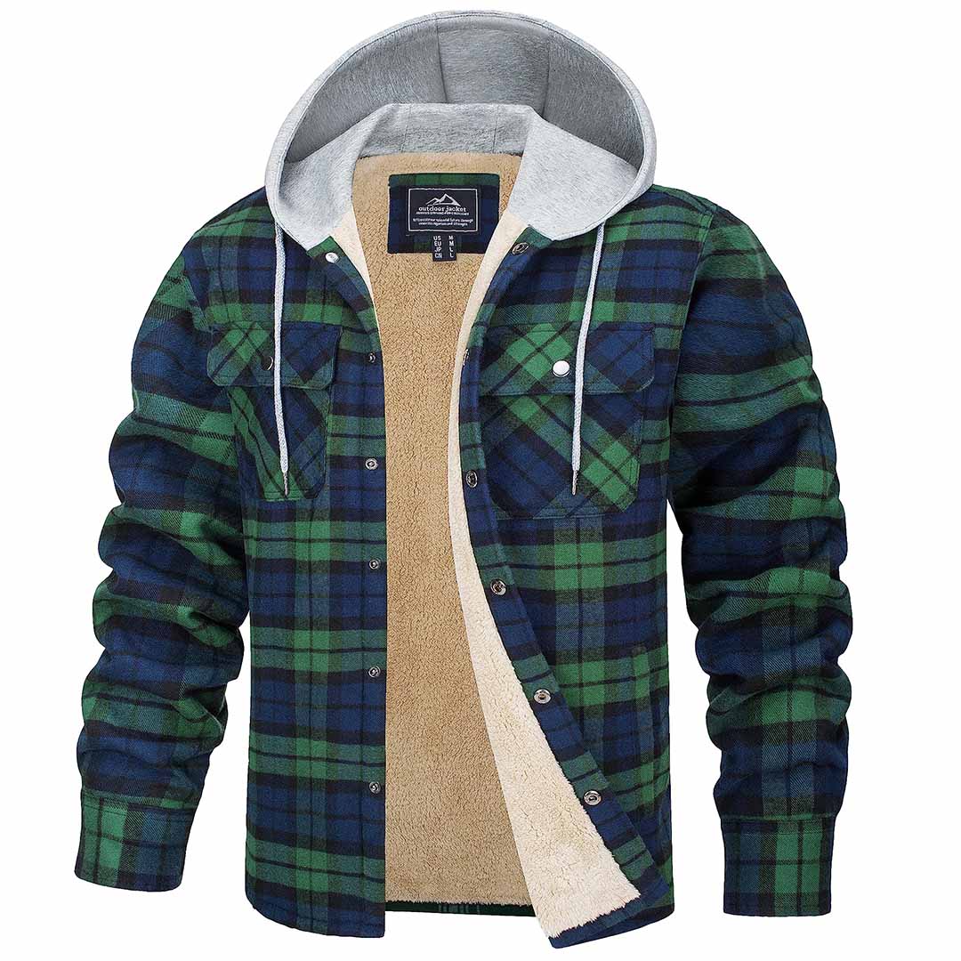 TACVASEN Green Men's Multiple Pockets Flannel Plaid Shirts Fleece Lining Jacket with Hood
