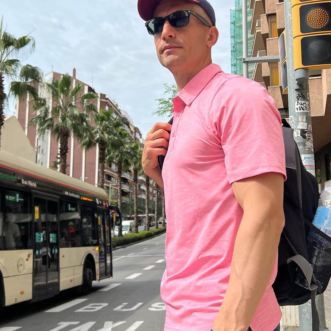 TACVASEN Pink Men's Casual Polo Golf Shirts Quick Dry 3 Buttons