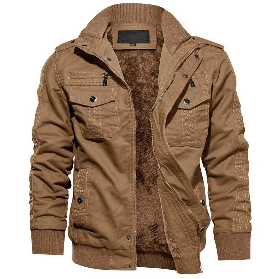TACVASEN Khaki Men's Fleece Lined Tactical Bomber Jacket