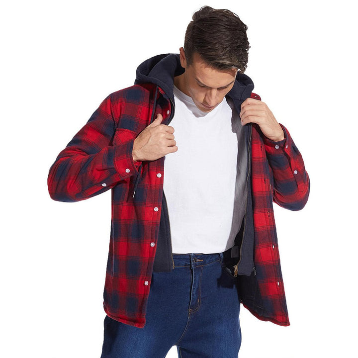 Men's Winter Thick Zip Plaid Flannel Shirts Detachable Hood Quilted - Fall Winter 2022