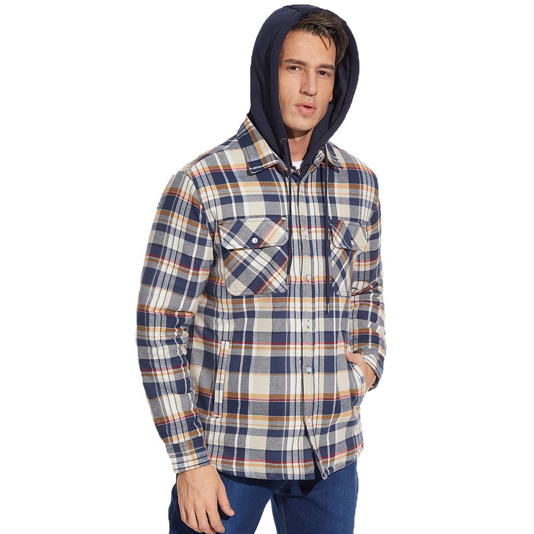 TACVASEN Blue Men's Quilted Plaid Flannel Detachable Hooded Jacket