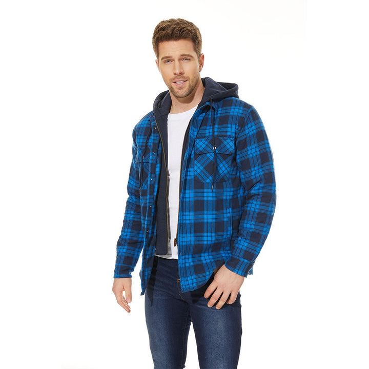 Men's Winter Thick Zip Plaid Flannel Shirts Detachable Hood Quilted - Men's T-shirts