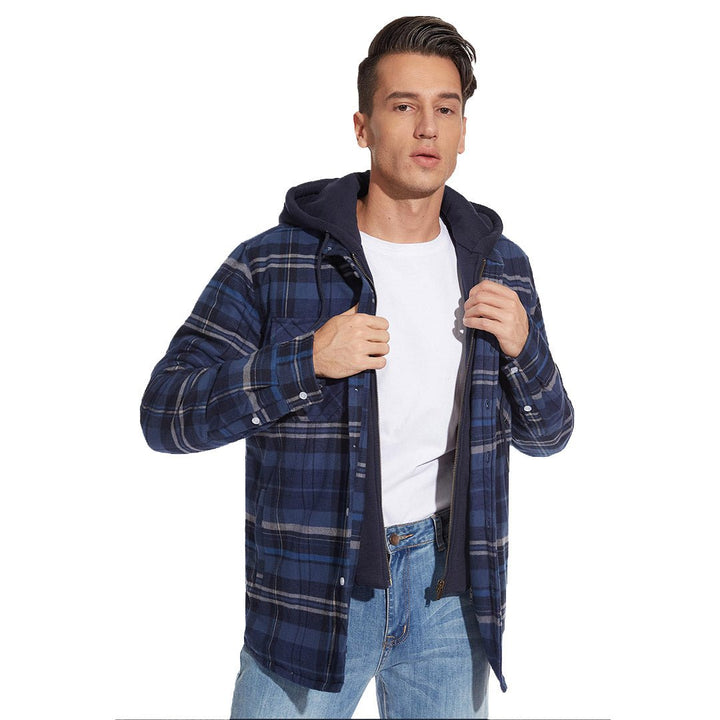Men's Winter Thick Zip Plaid Flannel Shirts Detachable Hood Quilted - Fall Winter 2022