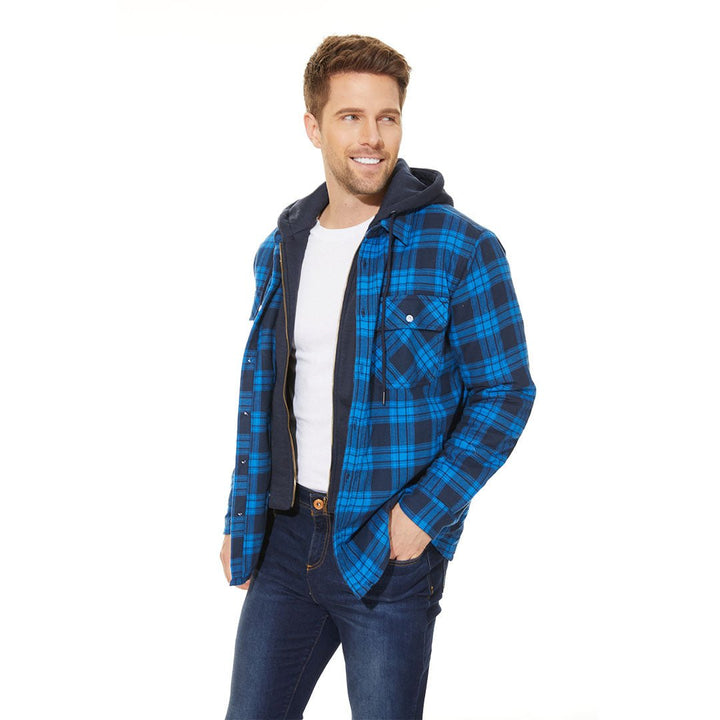 Men's Winter Thick Zip Plaid Flannel Shirts Detachable Hood Quilted - Men's T-shirts