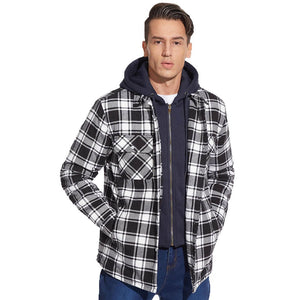 TACVASEN Blue Men's Quilted Plaid Flannel Detachable Hooded Jacket