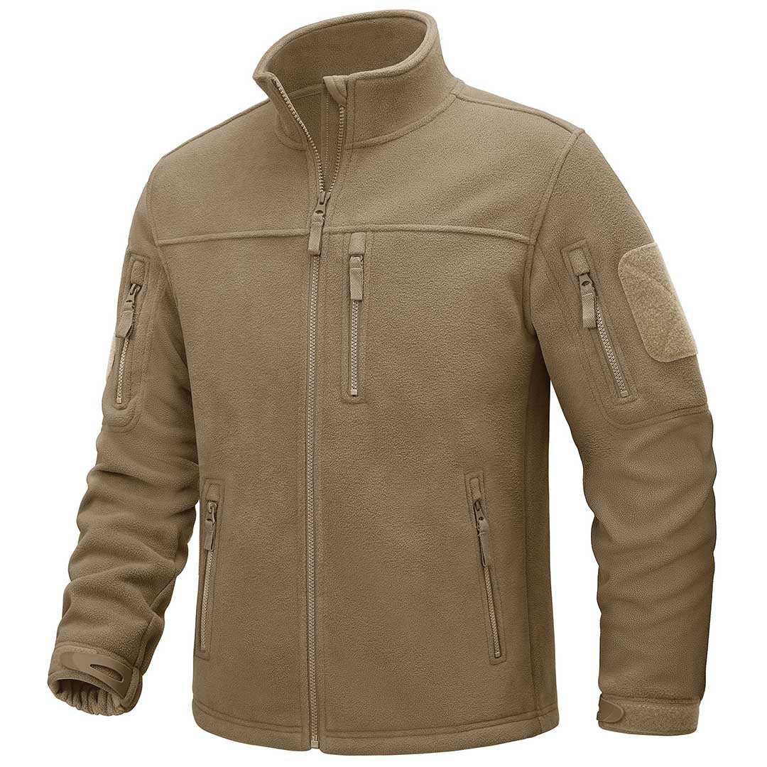 TACVASEN Khaki Men's Tactical Fleece Jackets Full Zip Coat with Multi Pockets