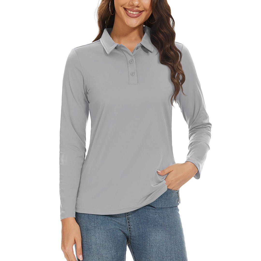 TACVASEN Light Grey Women's Golf UPF 50+ Sun Protection 3 - Button Quick Dry Long Sleeve Polo Shirts