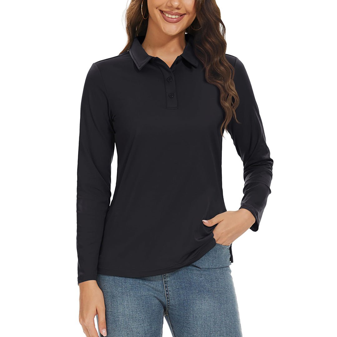 TACVASEN Black Women's Golf UPF 50+ Sun Protection 3 - Button Quick Dry Long Sleeve Polo Shirts