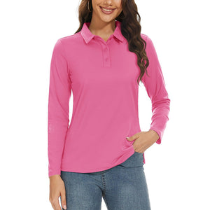 TACVASEN Rose Red Women's Golf UPF 50+ Sun Protection 3 - Button Quick Dry Long Sleeve Polo Shirts