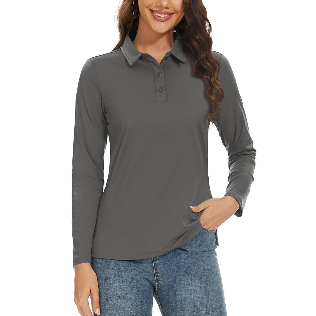 TACVASEN Dark Grey Women's Golf UPF 50+ Sun Protection 3 - Button Quick Dry Long Sleeve Polo Shirts